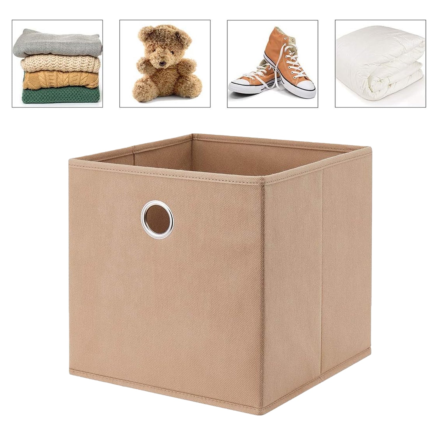 Foldable jute storage box with ring for clothes and toys on shelf