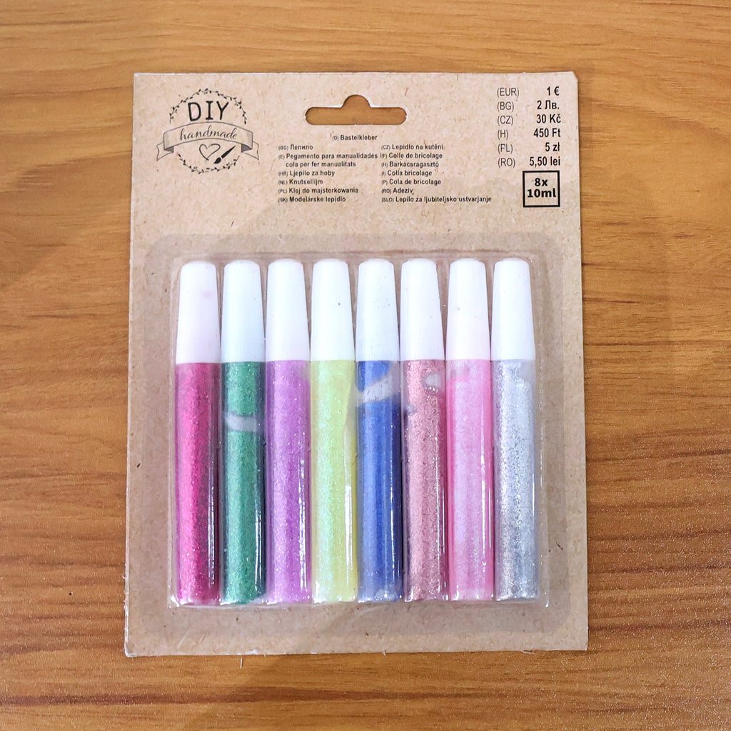 Eight-piece glitter craft glue pen set in assorted colors