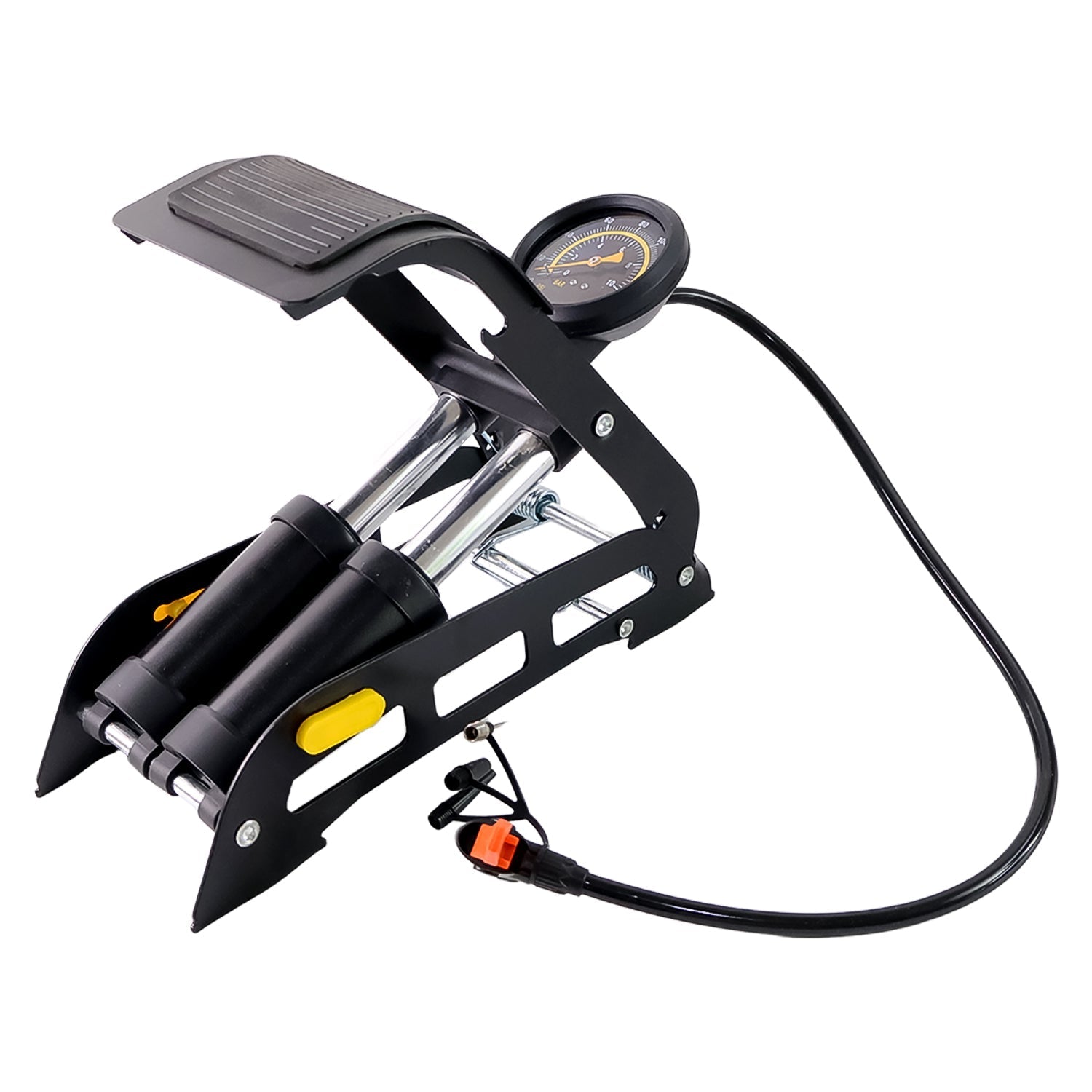 Compact, foldable design of the portable foot air pump for easy storage.