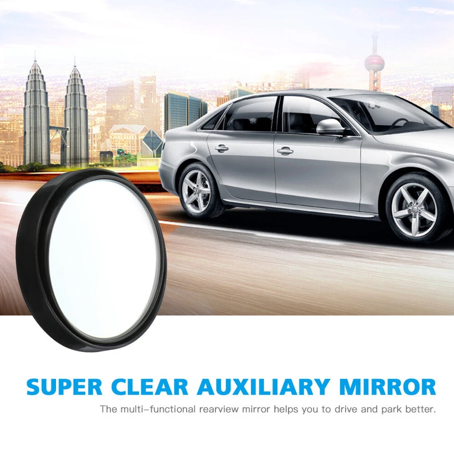 Hand holding a car blind spot mirror demonstrating easy installation