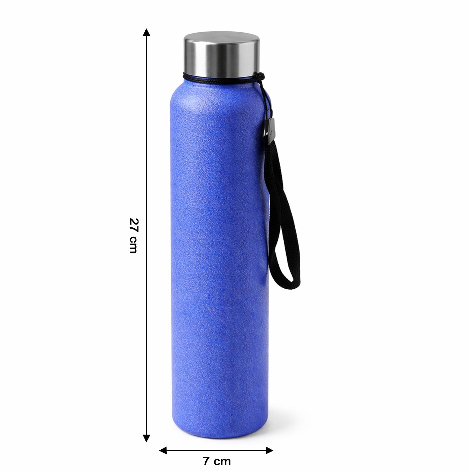 Blue stainless steel water bottle featuring comfortable carry strap
