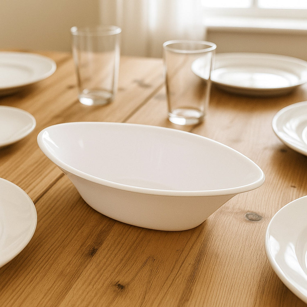 Stacked white Marin oval serving bowls for compact kitchen storage