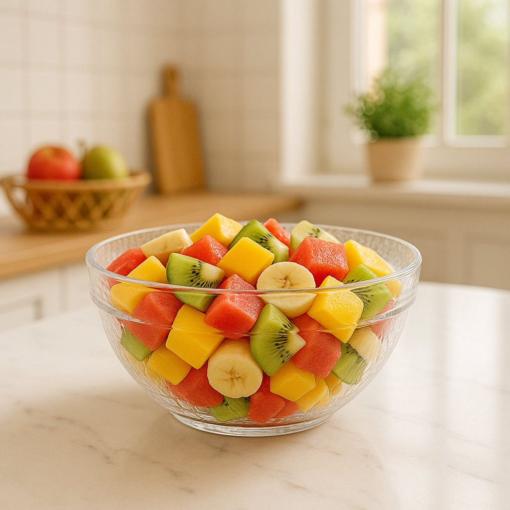 Transparent bowl used for serving snacks and fruits with textured grip