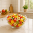 Transparent bowl used for serving snacks and fruits with textured grip