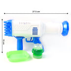 A child happily holds the bubble gun during exciting outdoor playtime.
