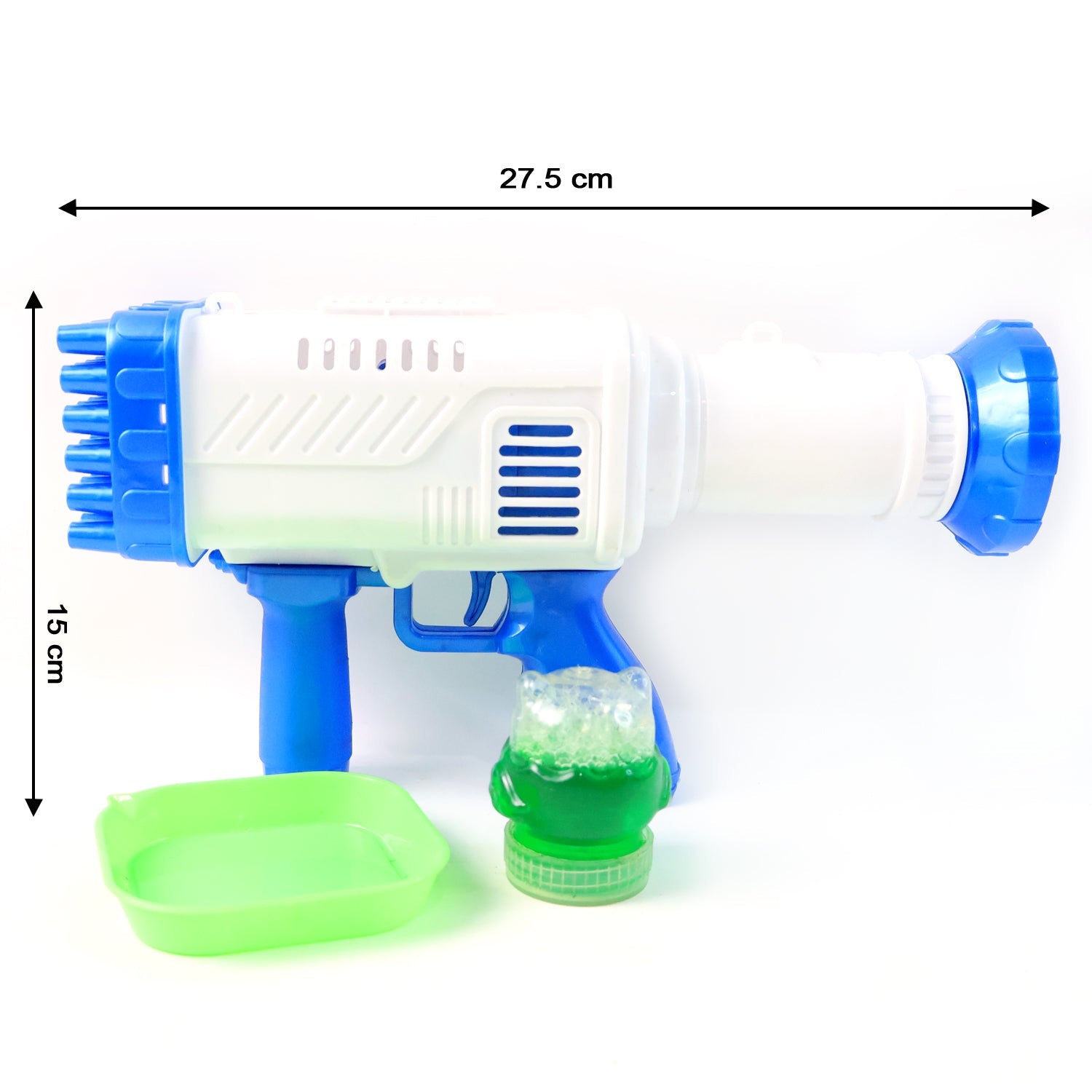 A child happily holds the bubble gun during exciting outdoor playtime.