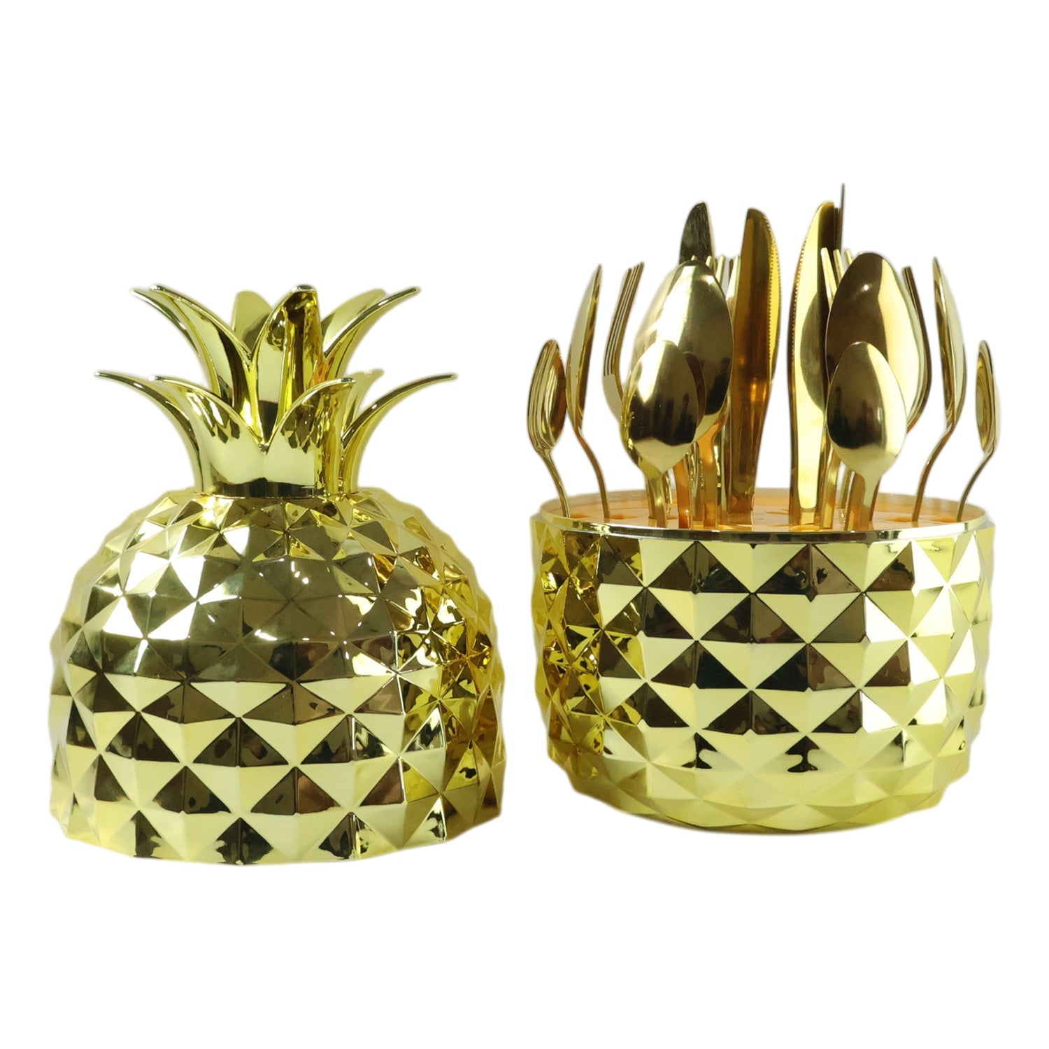 Close-up view of the pineapple stand holding gold stainless steel cutlery