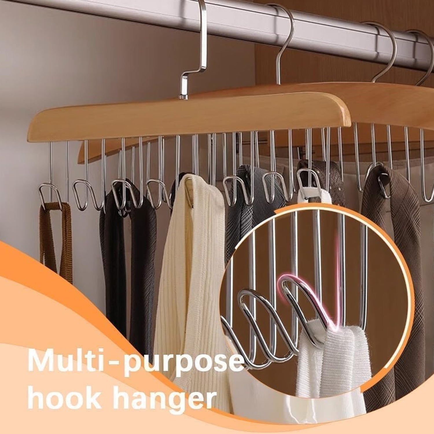 Detail shot of the premium lotus wood and sturdy stainless steel hooks on the Organivo hanger.