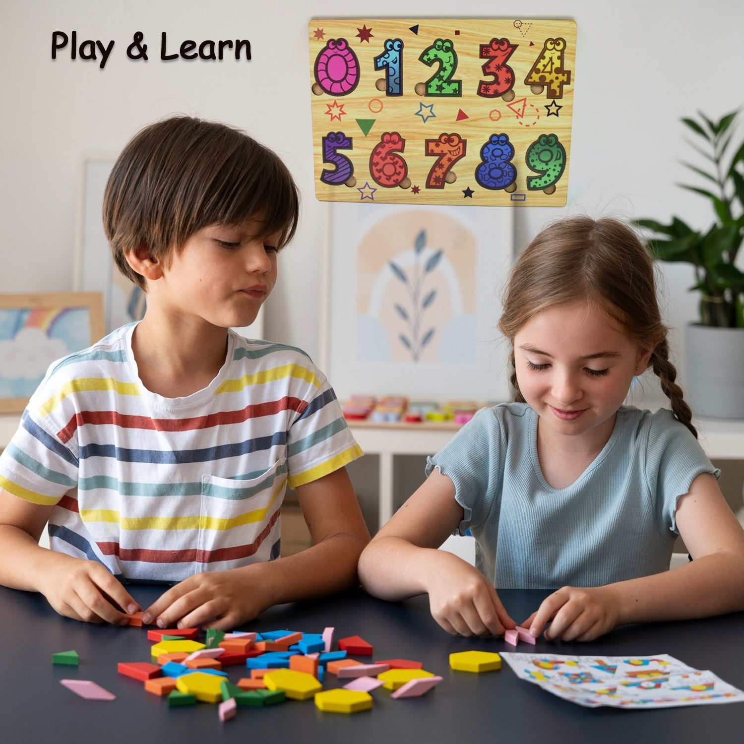 Close-up of a child's hands placing a wooden number piece into the puzzle.