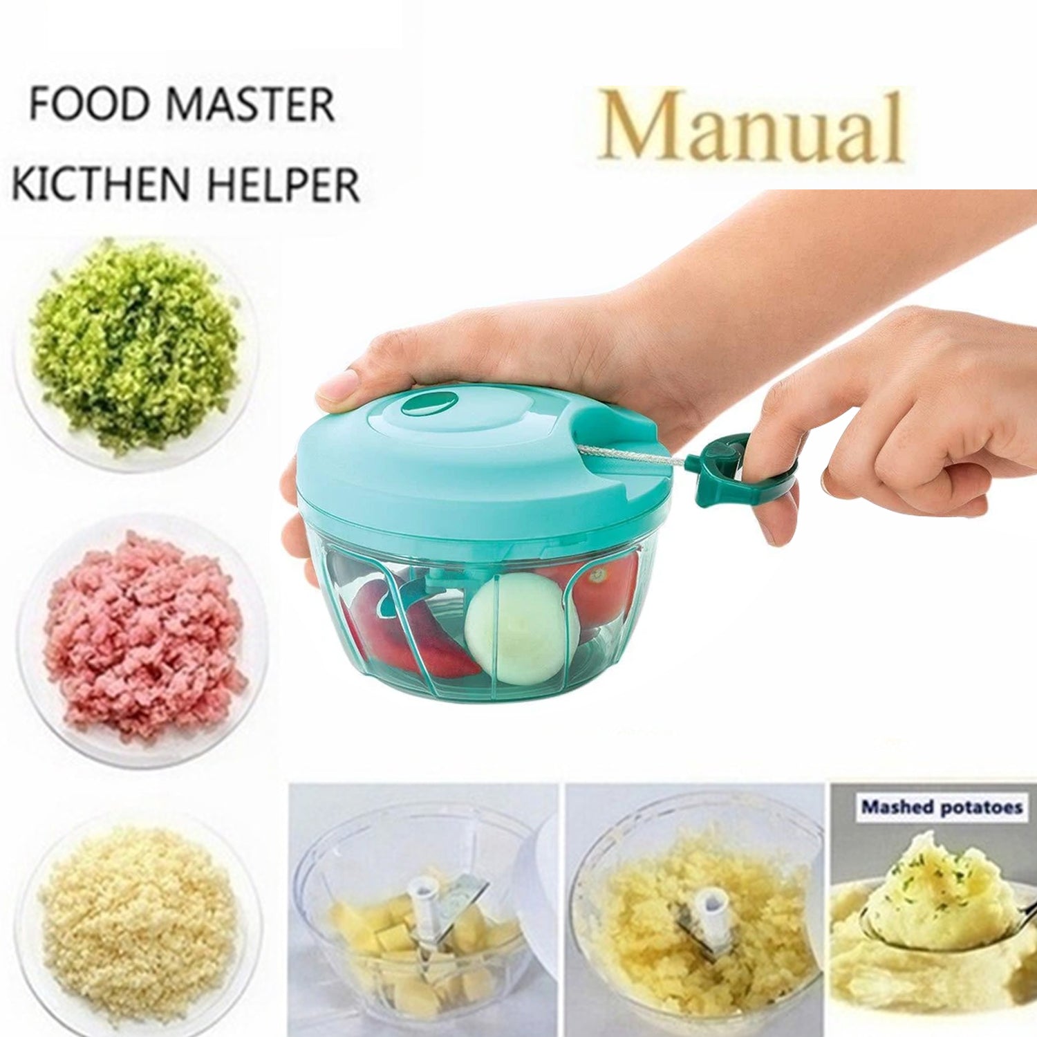 Detailed shot of the manual food chopper's anti-skid base and comfort-grip lid.