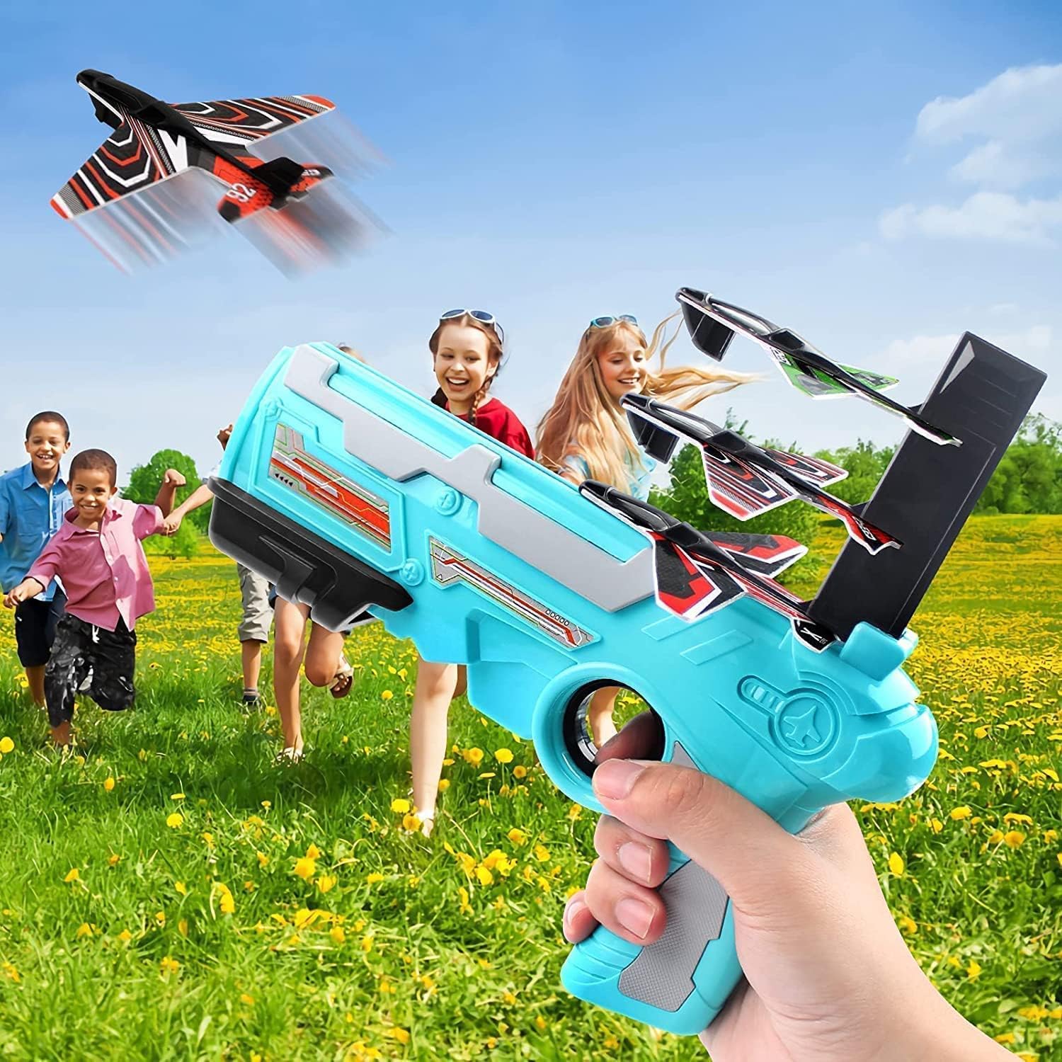 Kids' airplane launcher toy with five colorful foam planes ready for flight.