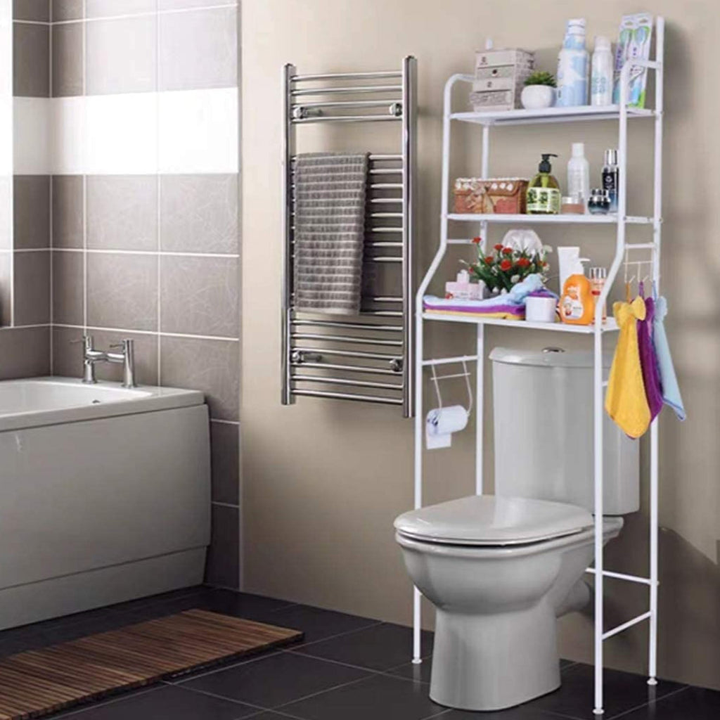 Diagram illustrating the expandable length and stable design of the metal bathroom storage rack.