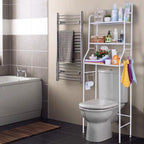 Diagram illustrating the expandable length and stable design of the metal bathroom storage rack.