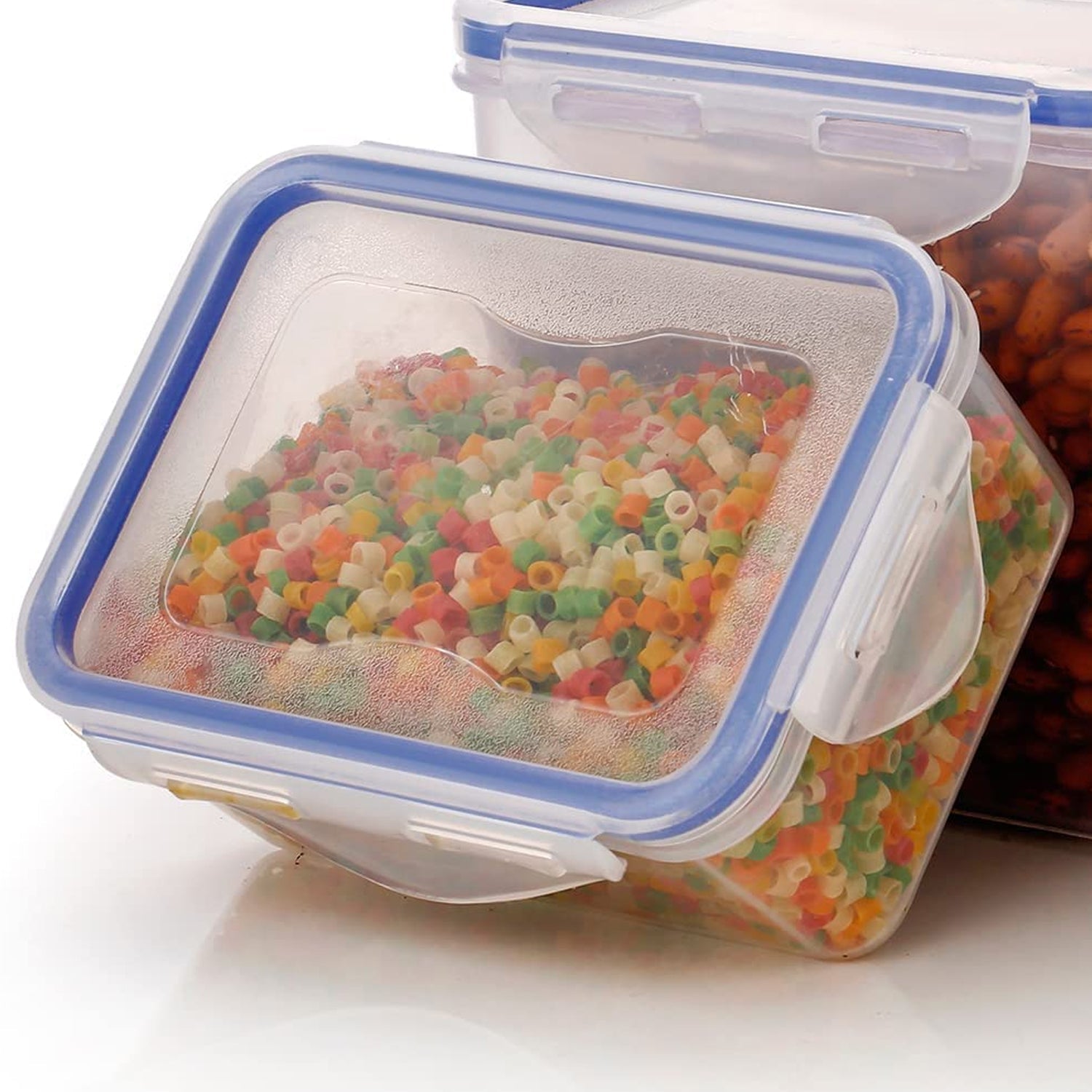 Transparent food storage containers from Organivo displayed on a kitchen counter.