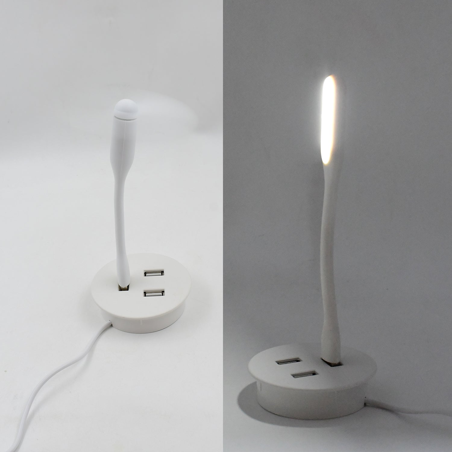 Compact Portable USB Fan and light connected to a power source.