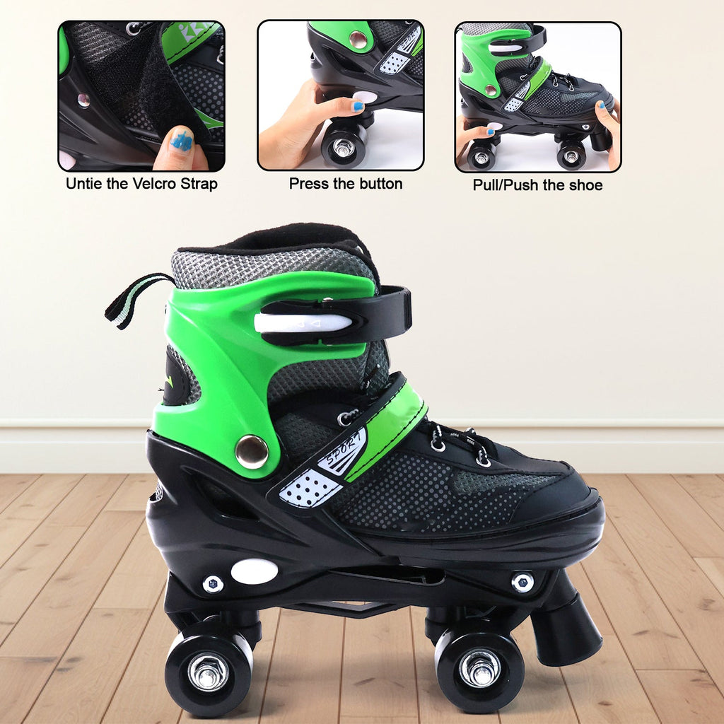 Kids quad roller skates featuring safety buckle and ankle strap