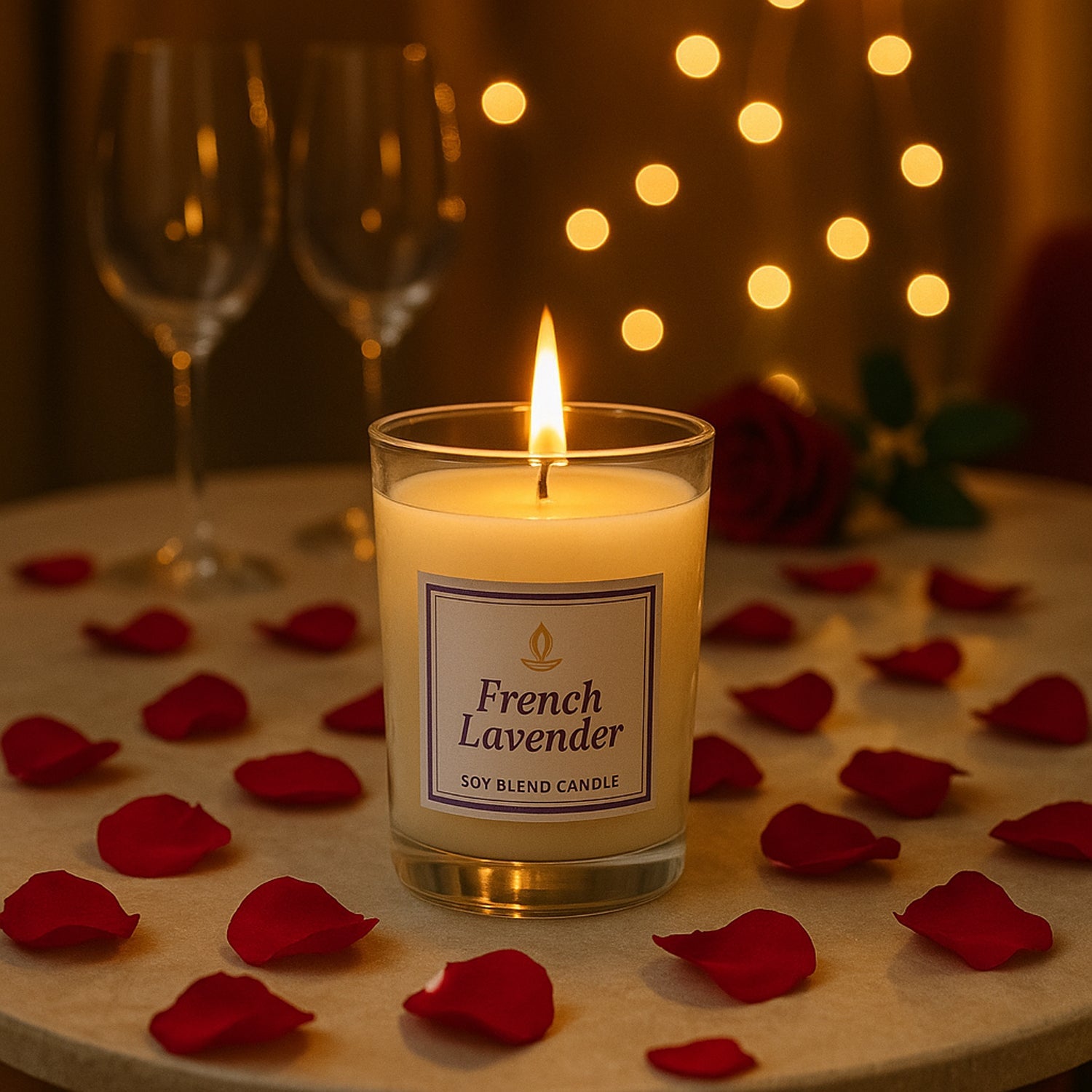 French Lavender soy candle creating serene ambiance in bathroom