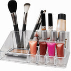 Top view of acrylic makeup organizer showing 16 clear compartments