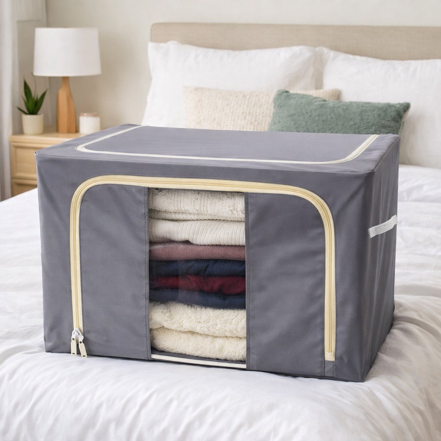 Stylish foldable storage box filled with clothes, featuring a transparent front window for easy viewing.