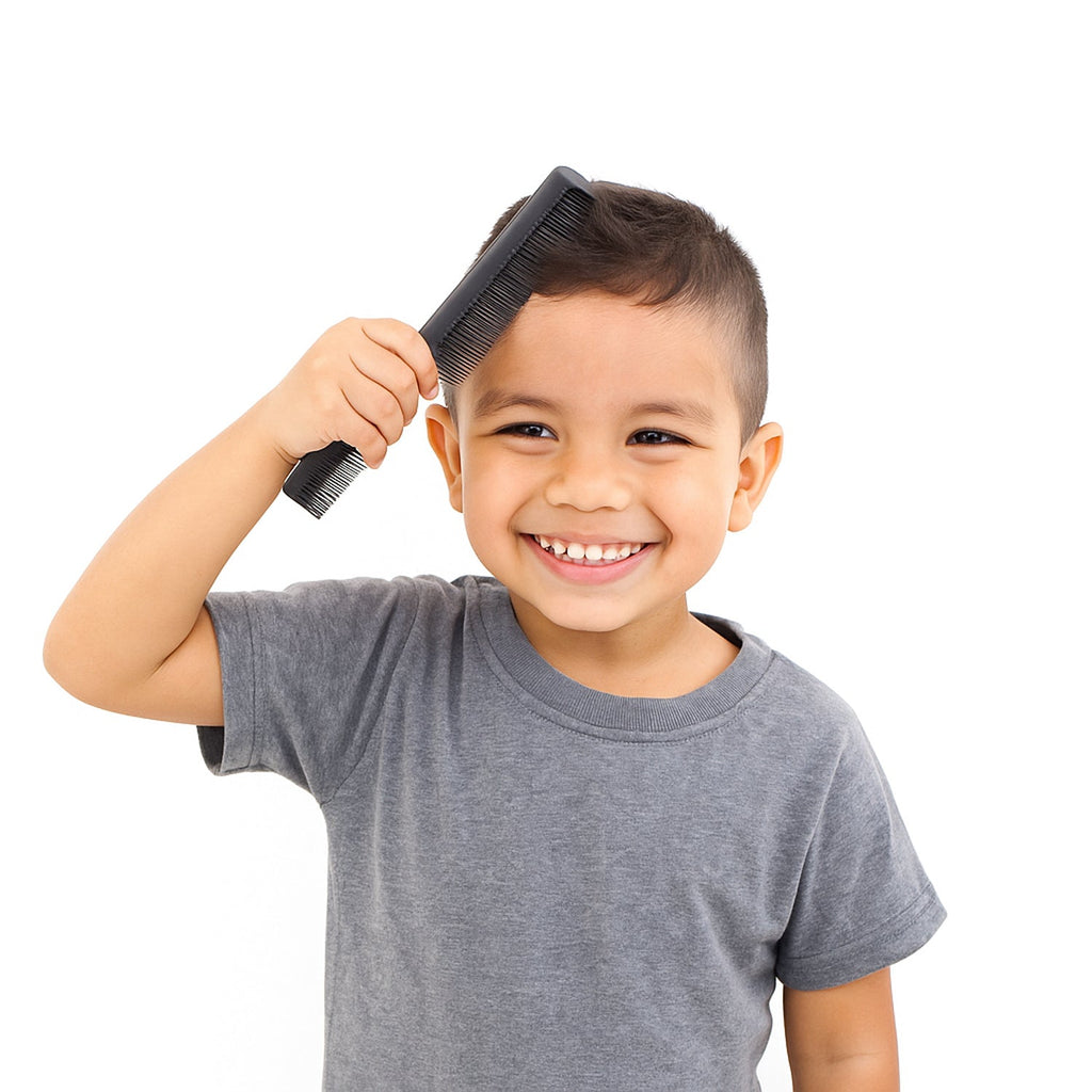 Close-up of durable plastic Dual-Tooth Styling Comb with rounded tips for scalp comfort.