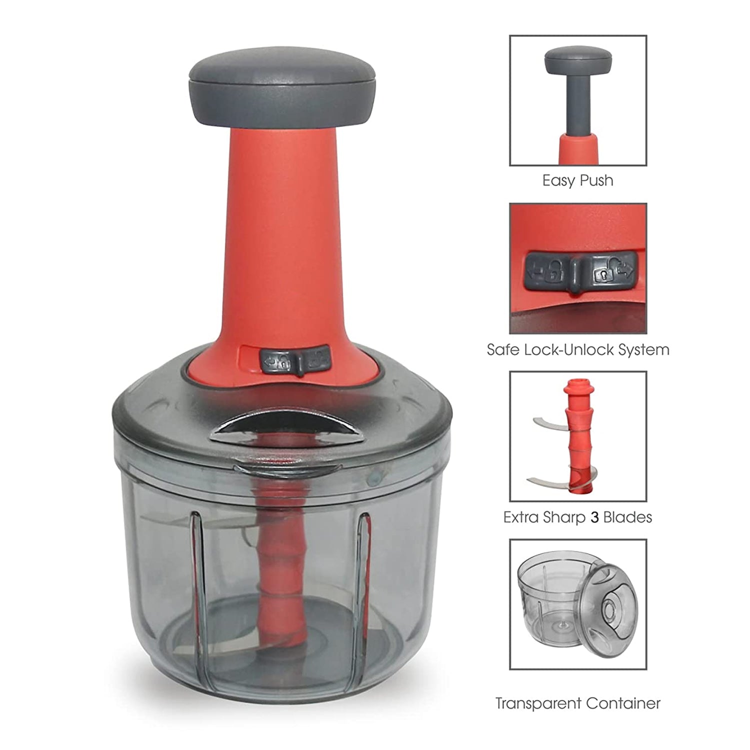 Detailed view of the mini hand press chopper, emphasizing its 3-blade system for quick prep.