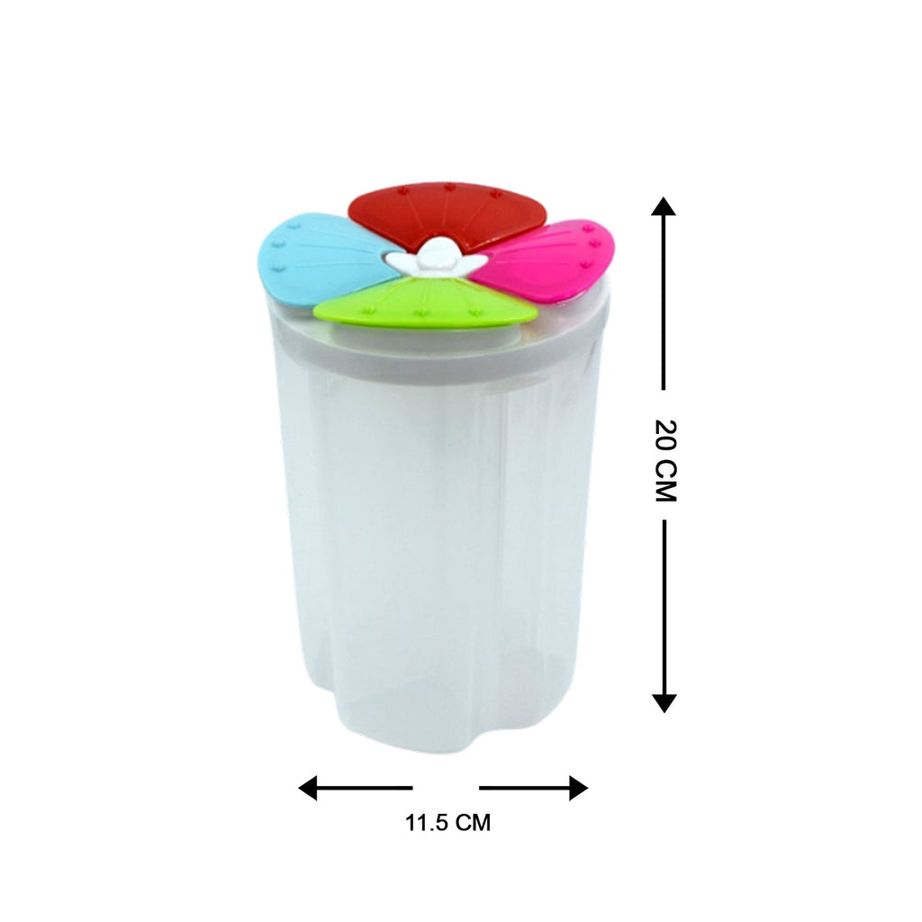 The 4 section storage container with a pink lid, ideal for kitchen organization.