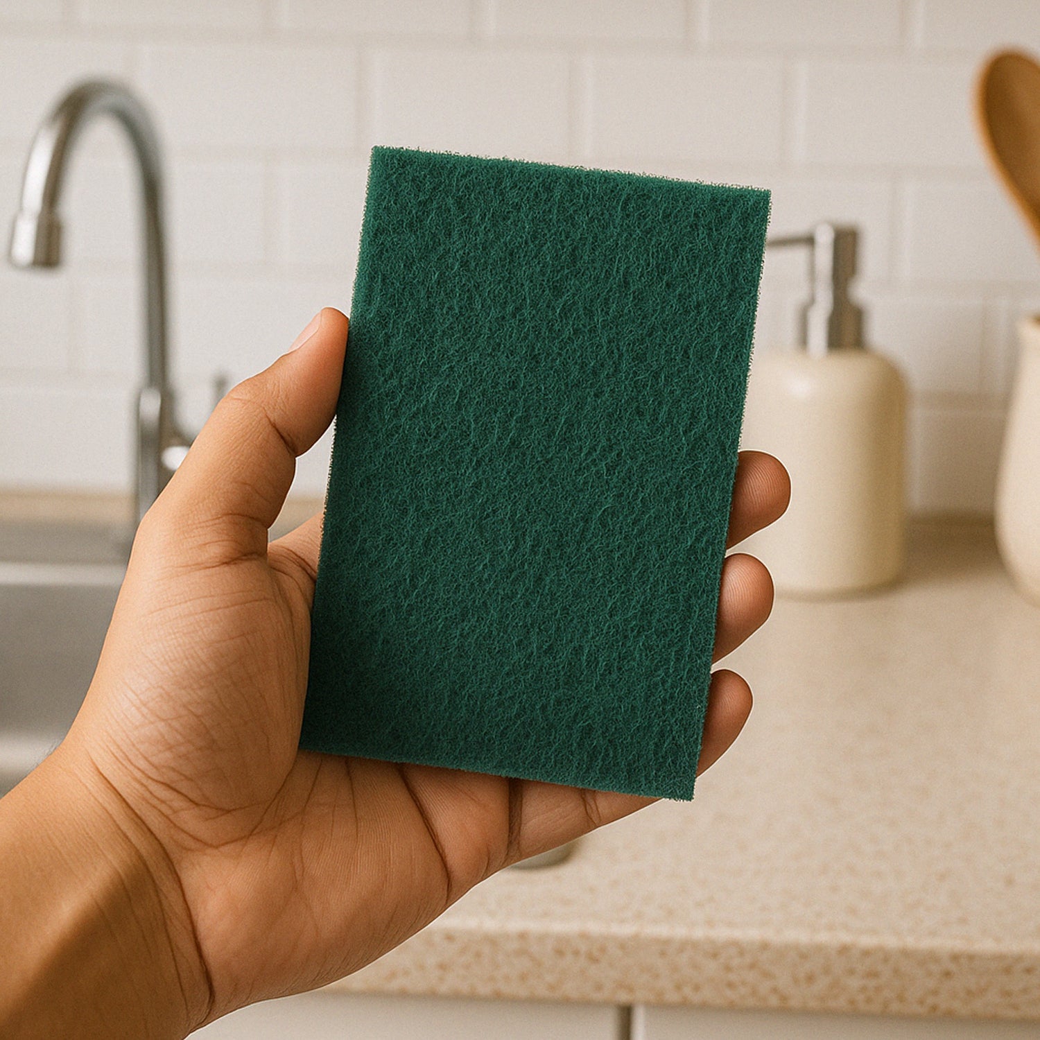 Kitchen scrubber pad in use cleaning cooking utensils