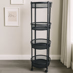Space-saving 4-layer vertical round metal mesh trolley with caster wheels