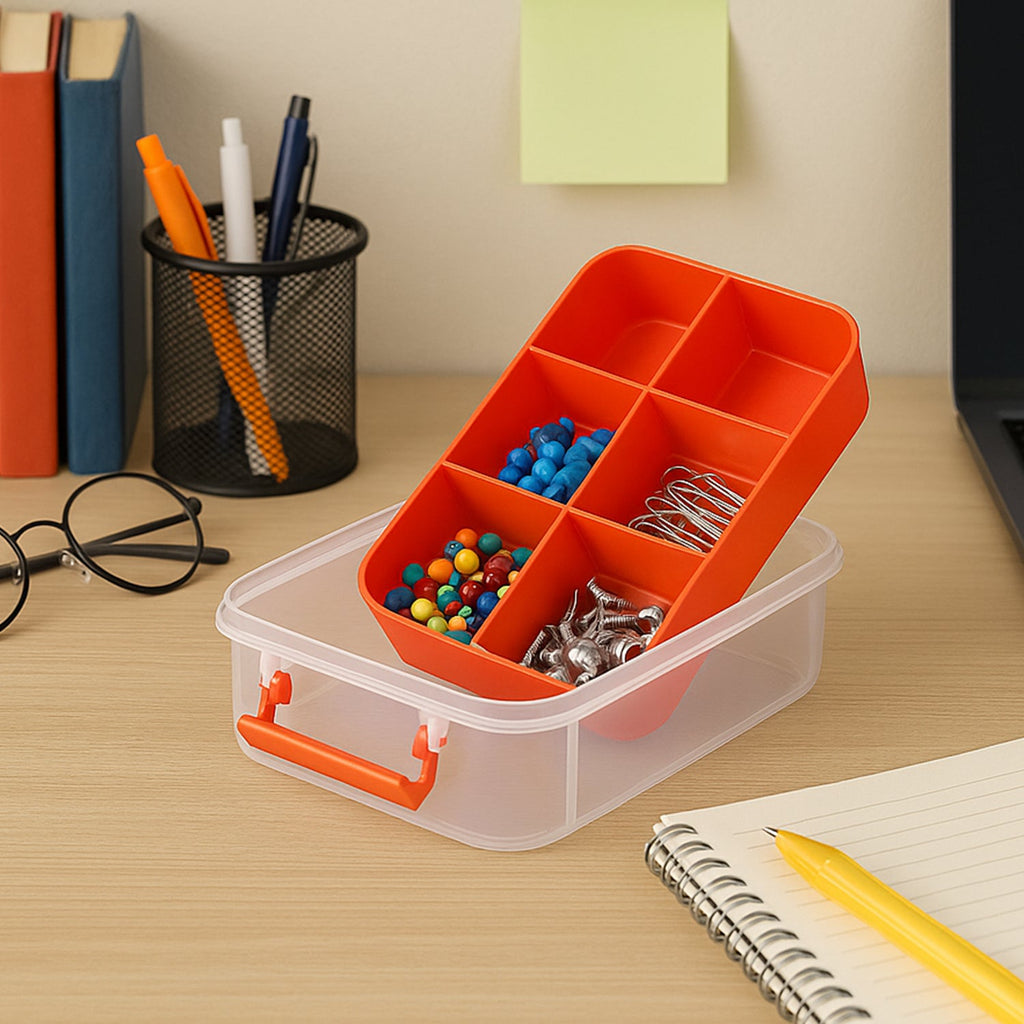 Top view showing transparent stacking layers of plastic storage organizer