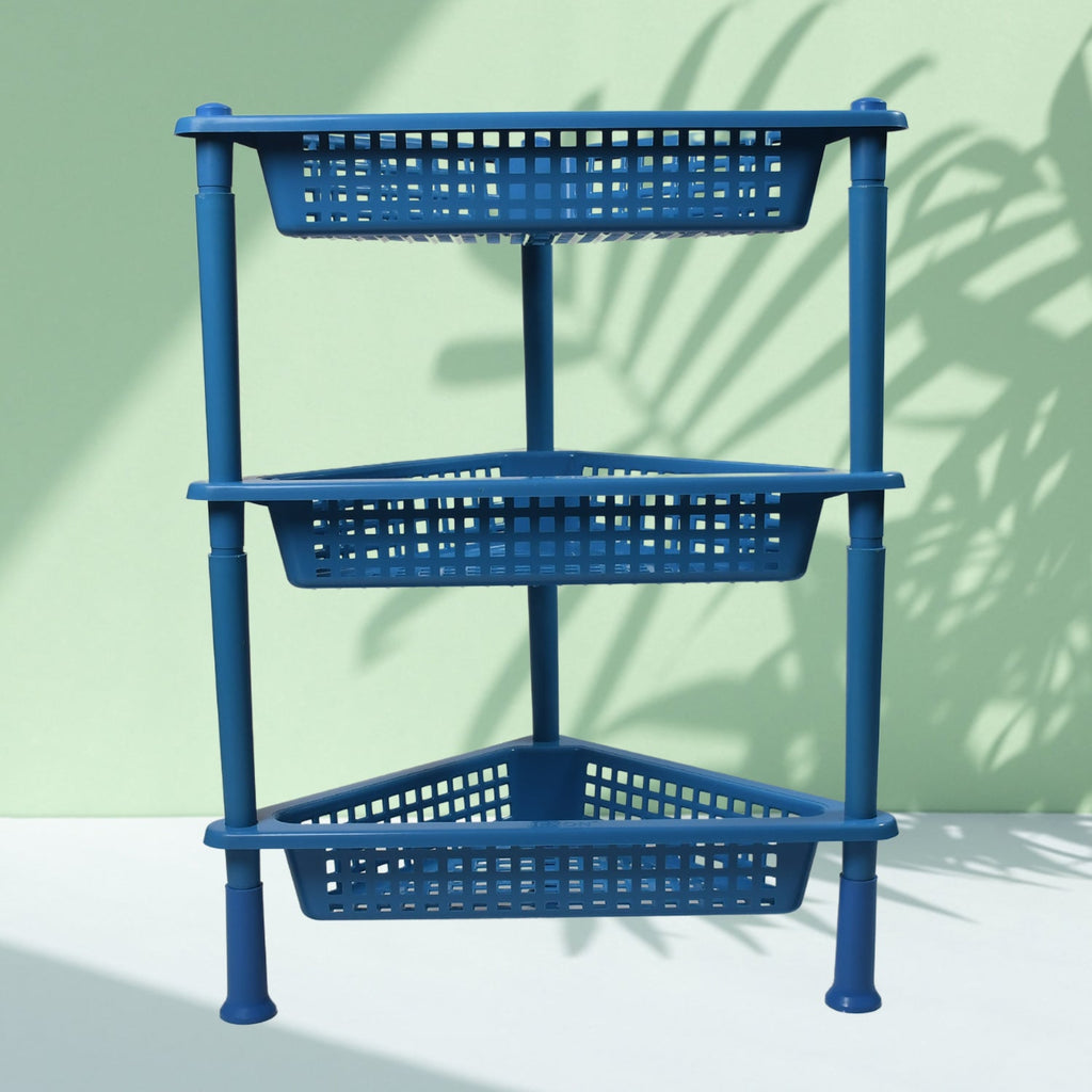 VoltDesk's 3-tier plastic storage rack in a modern home setting.