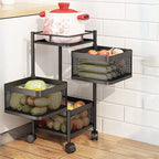 CookAura 3-layer metal kitchen trolley with rotating baskets for fruit storage.