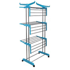 The foldable laundry rack compactly stored in a utility space.