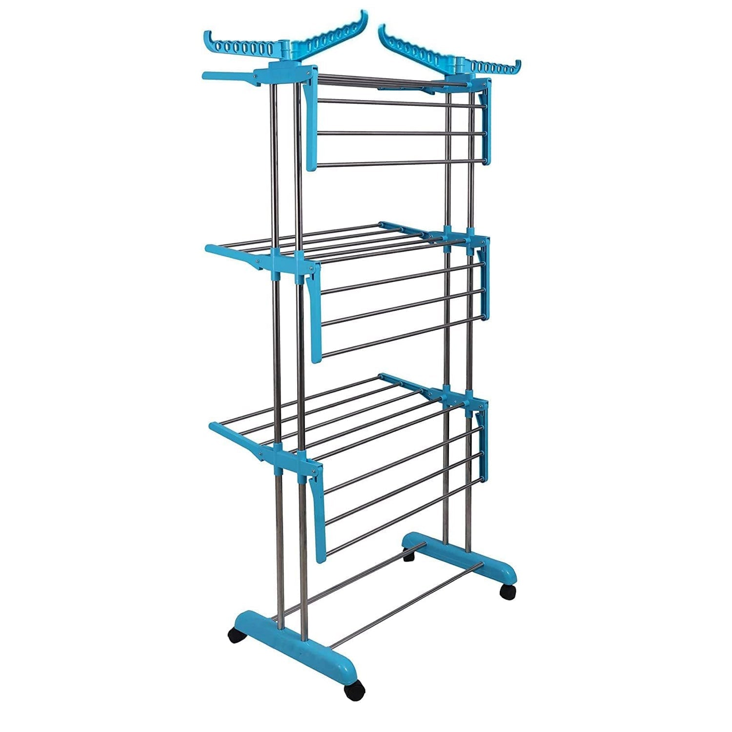 The foldable laundry rack compactly stored in a utility space.