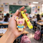Bright yellow I Love You strap on cute teddy bear keychain for backpacks and keys