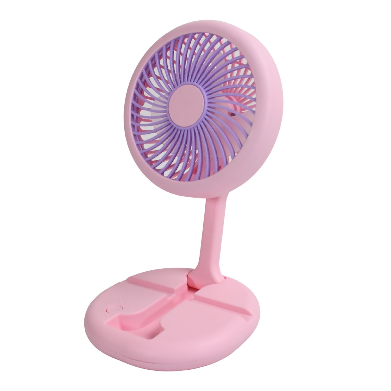 The portable fan with its LED light illuminated, perfect for camping or night use.