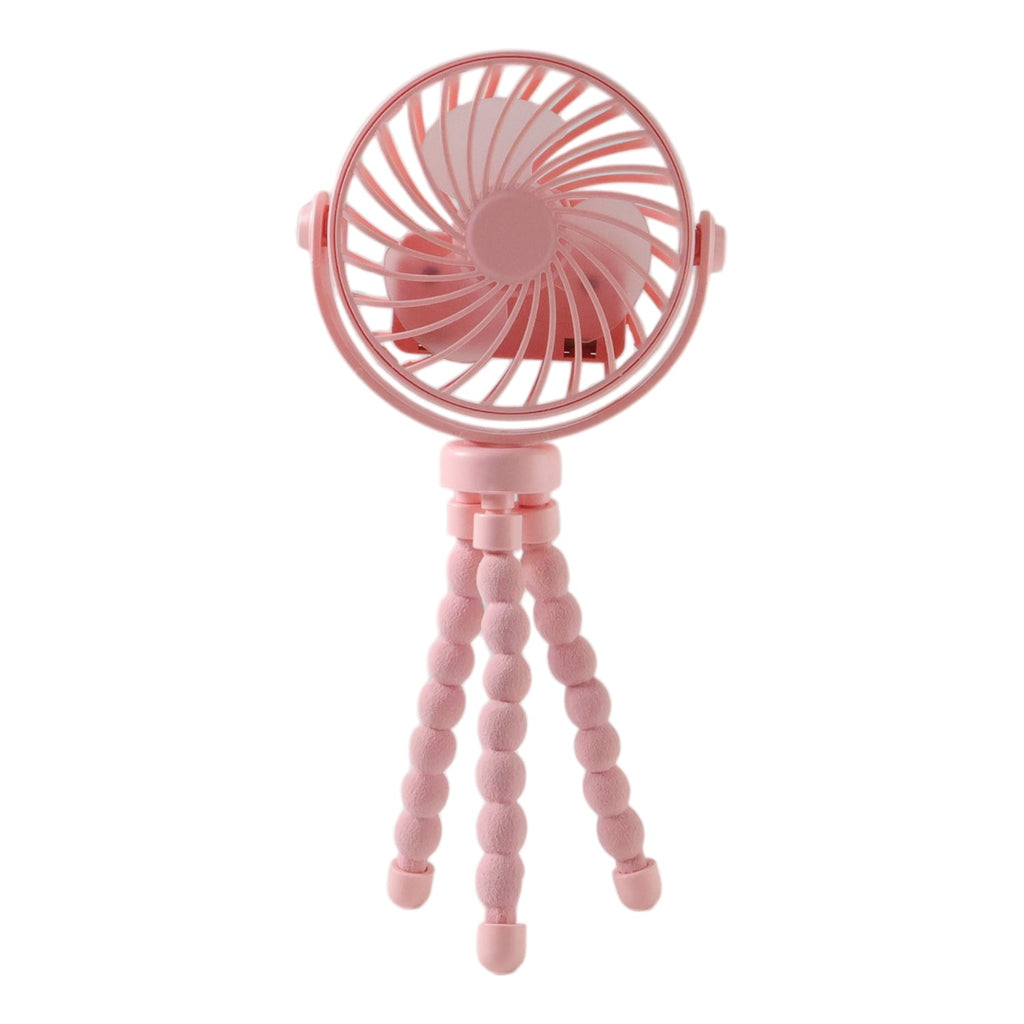 Flexible tripod stand supporting portable cooling fan angled for directed airflow