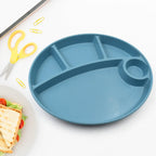 Jiaqi kids plate demonstrating its dishwasher, microwave, and freezer safe features.