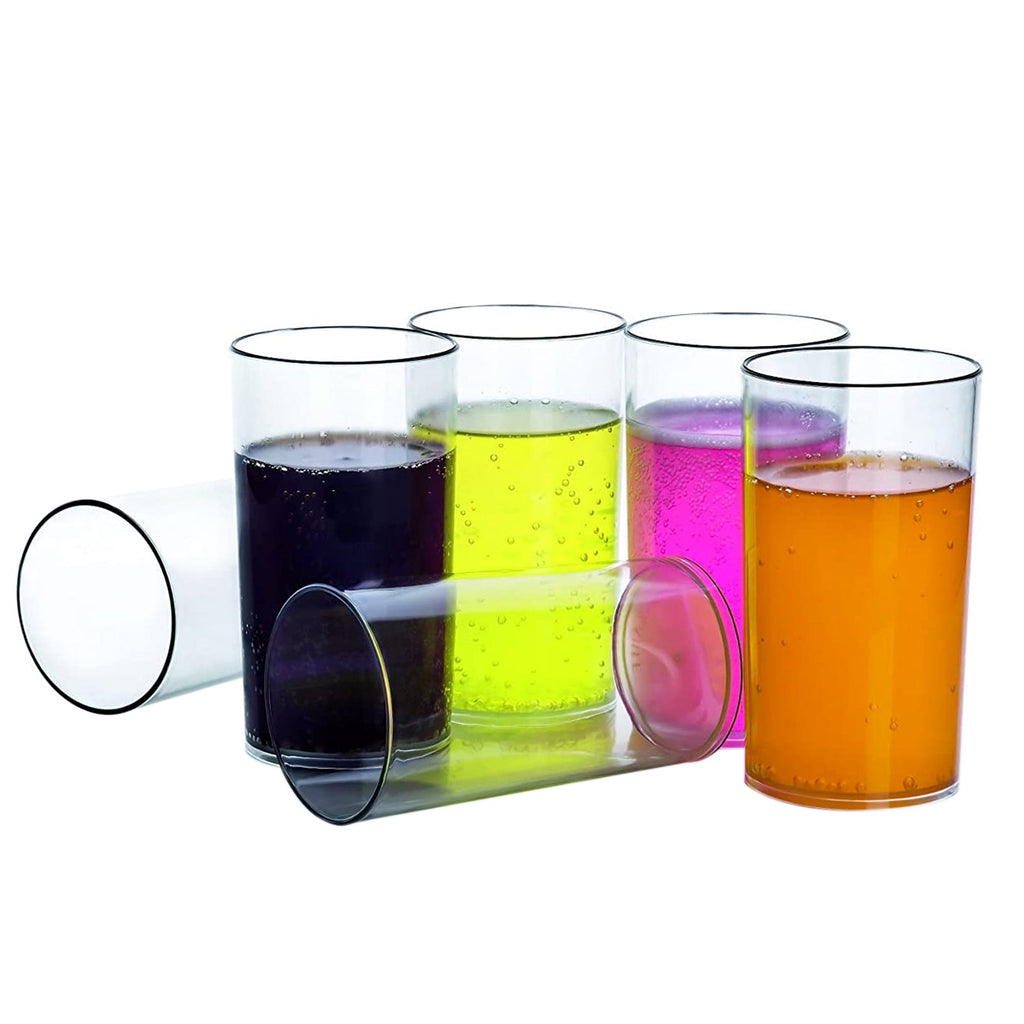 Six BPA-free plastic glasses showcasing their clear, transparent design.