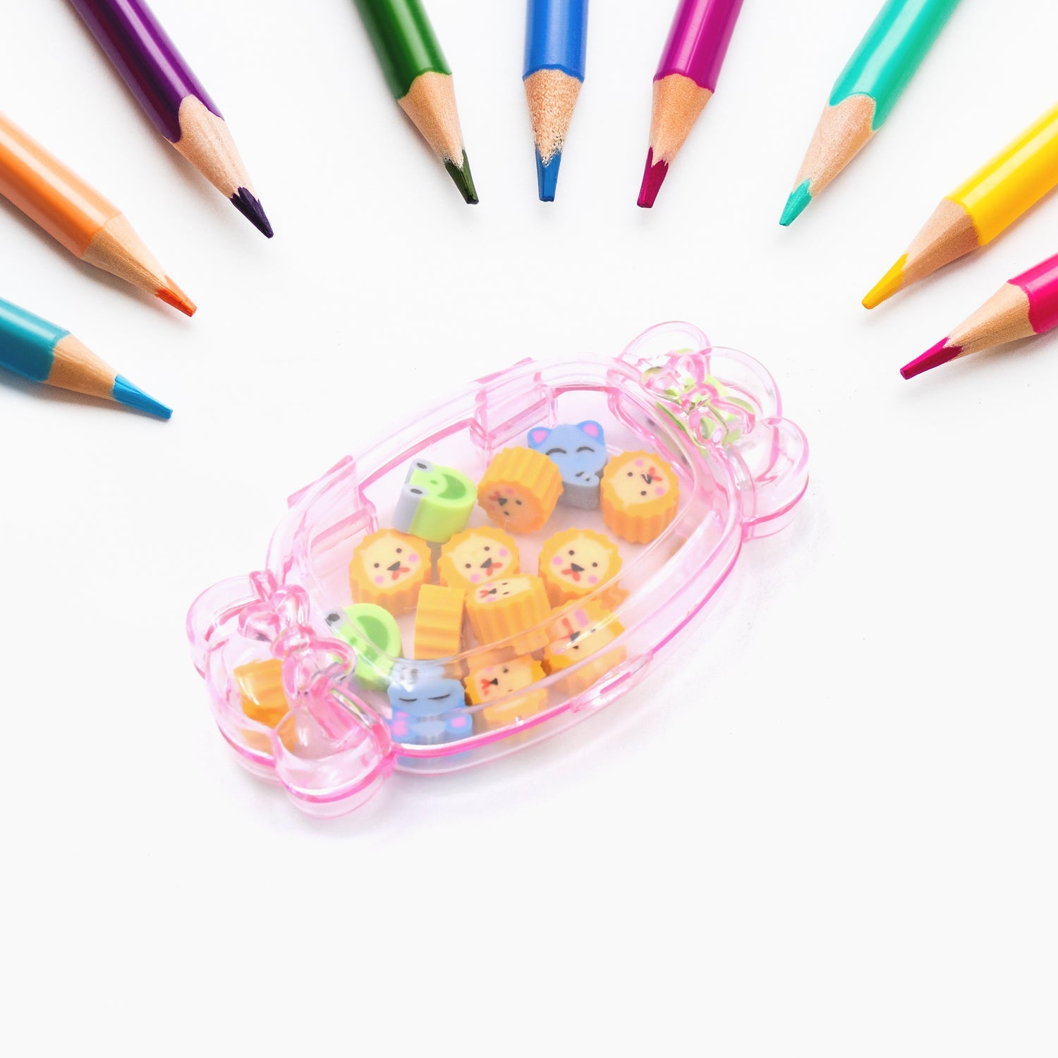 A vibrant School Eraser Set with 15 multi-design rubber erasers for students.