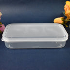 Konvex square plastic storage containers with easy-to-open snap lids.