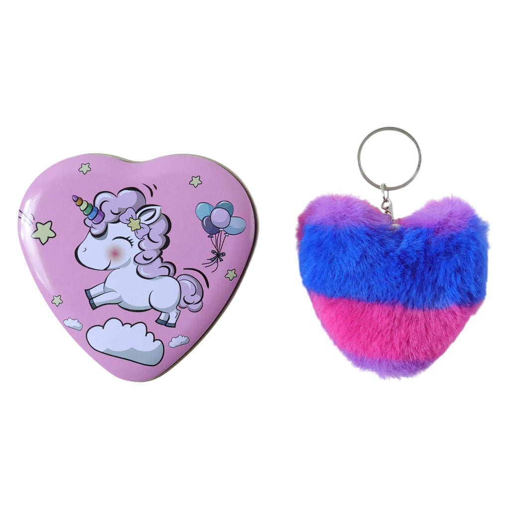 Close up of plush heart keychain with soft fabric and metal ring