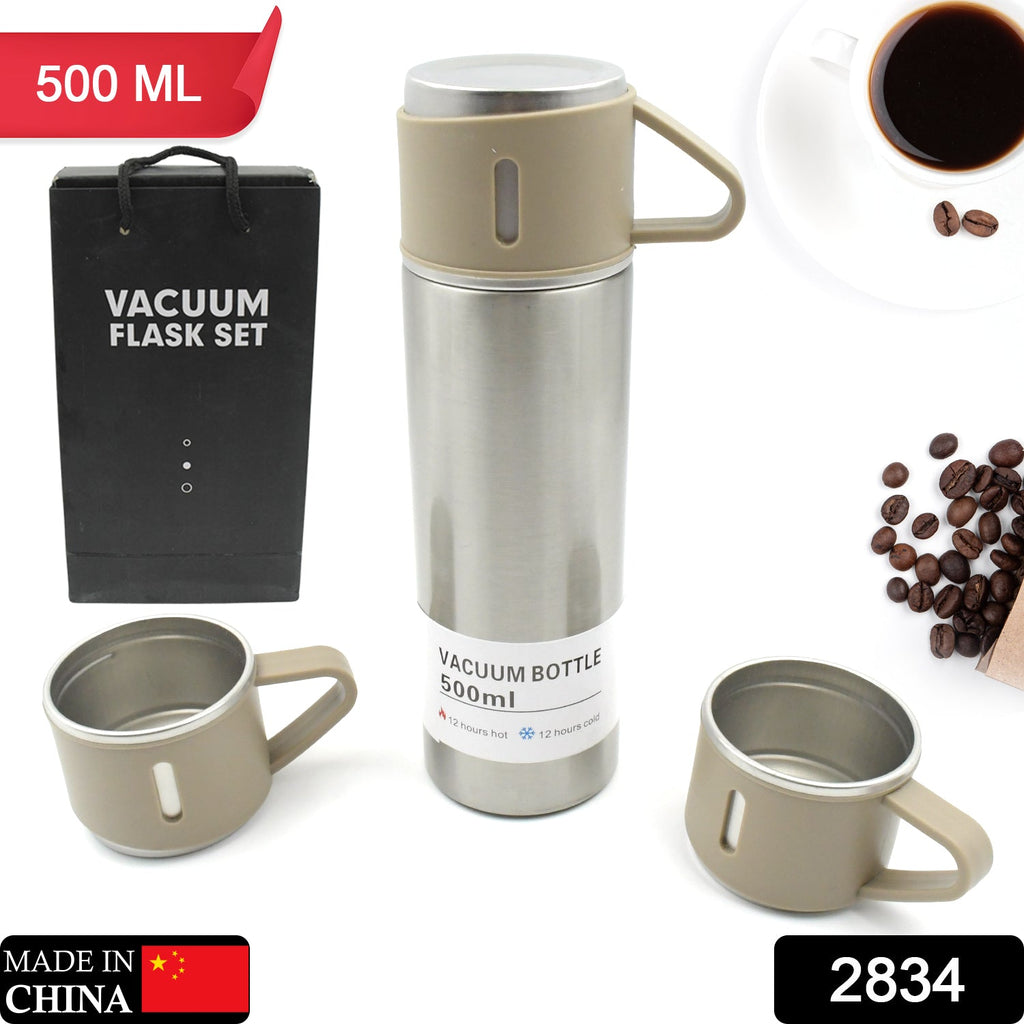 Stainless steel vacuum flask set 500ml being used outdoors with hot coffee
