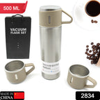 Stainless steel vacuum flask set 500ml being used outdoors with hot coffee