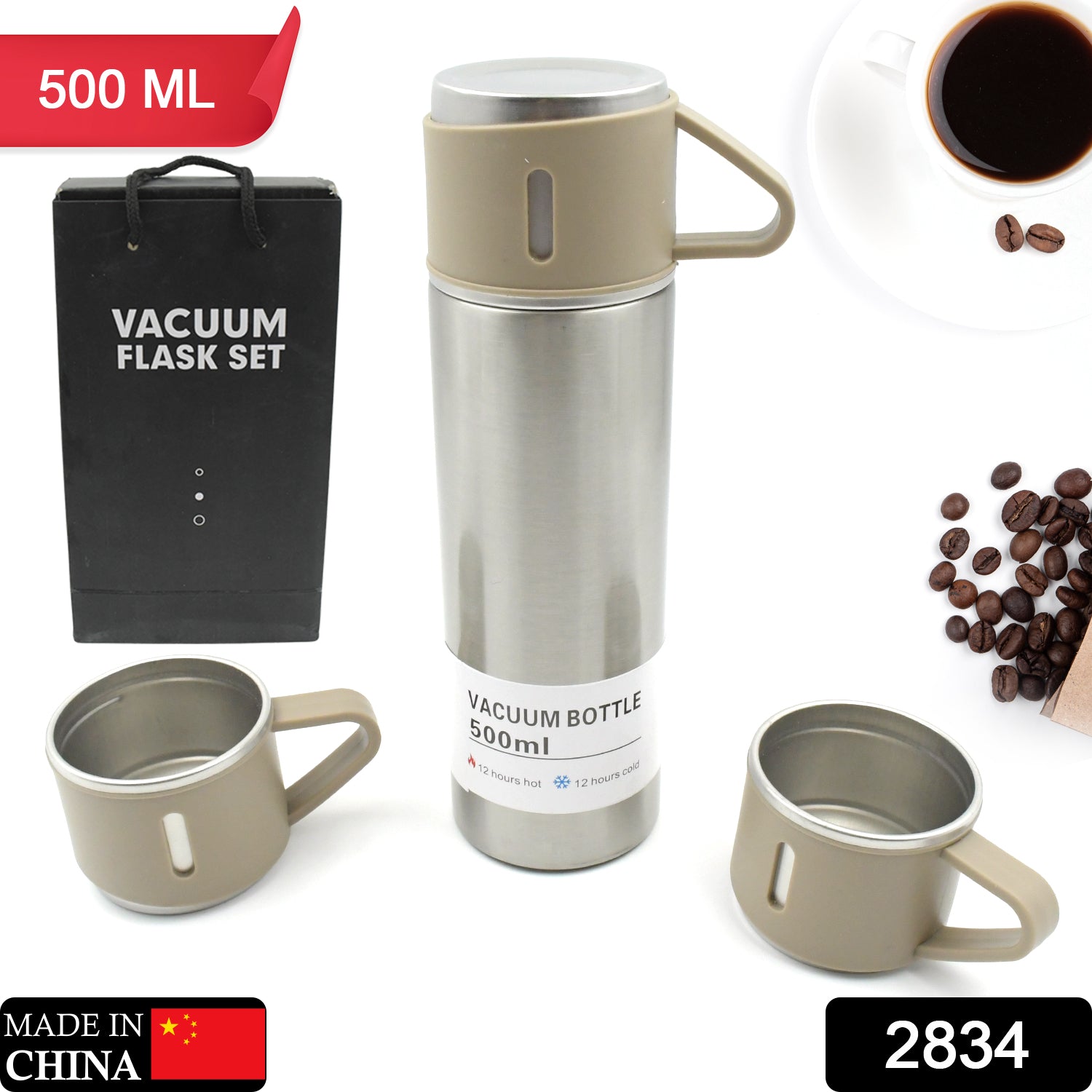 Stainless steel vacuum flask set 500ml being used outdoors with hot coffee