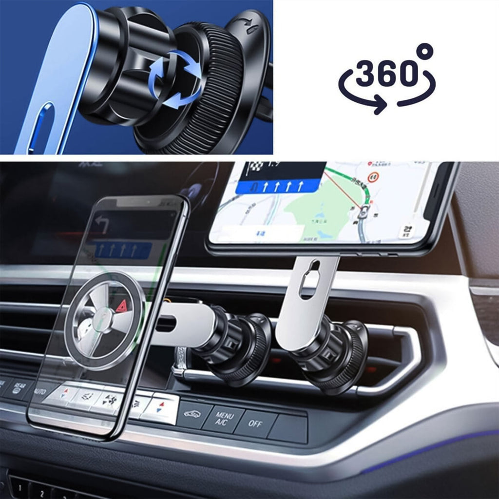 Side view of the magnetic car phone mount, demonstrating its sturdy grip on a vent.