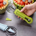 The three versatile tools of the 4-in-1 fruit baller set, separated for different tasks.