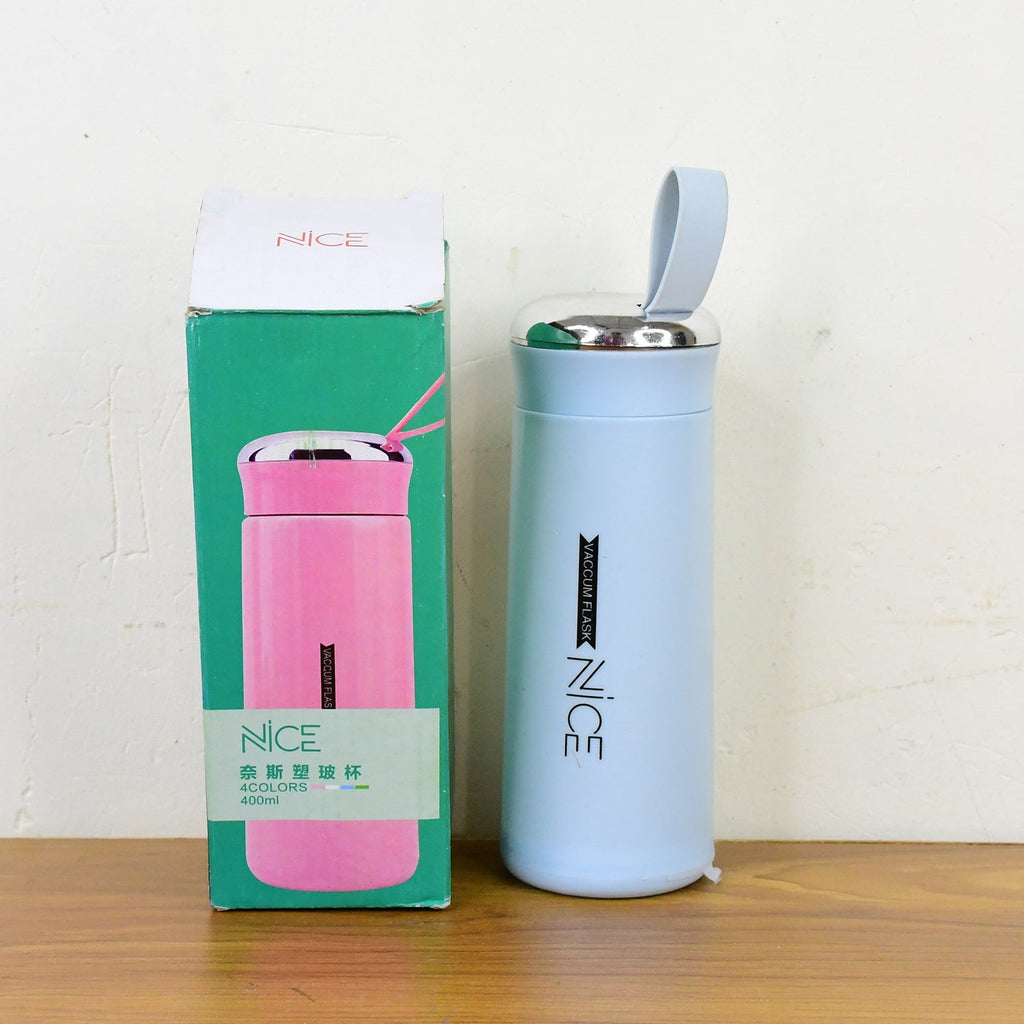 Light blue glass water bottle 400ml emphasizing eco-friendly design