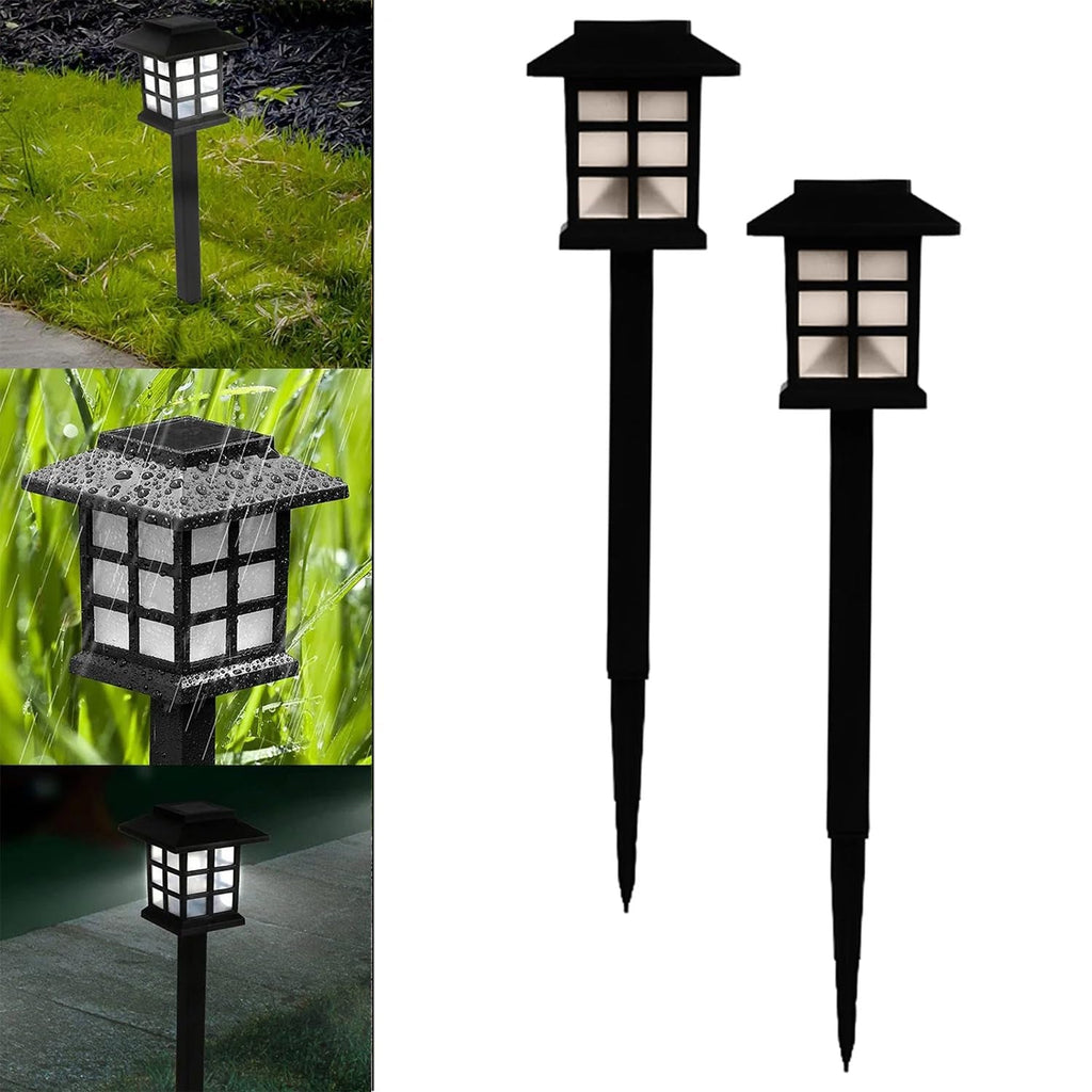 Three solar outdoor lights creating a bright, welcoming ambiance in a garden at night.