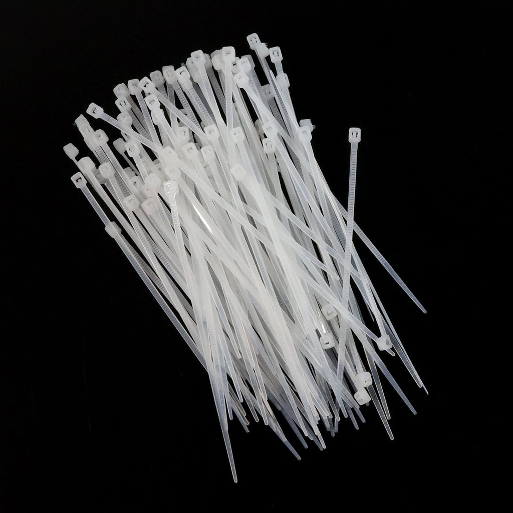 Bundle of 3x100mm heavy-duty black nylon cable ties, ready for use.
