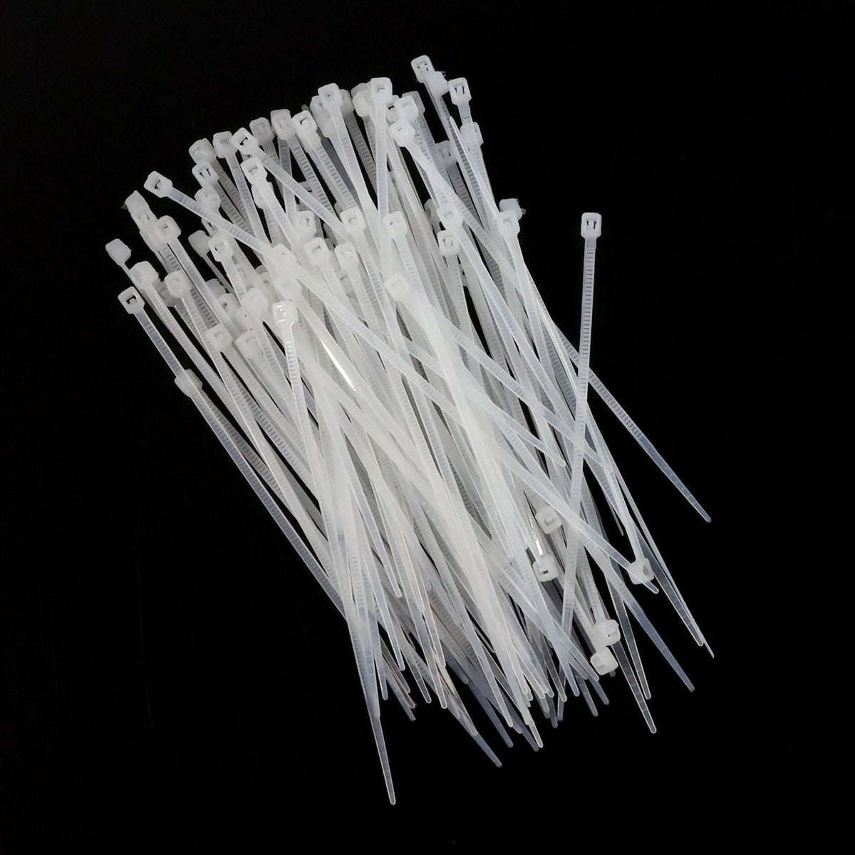 Bundle of 3x100mm heavy-duty black nylon cable ties, ready for use.